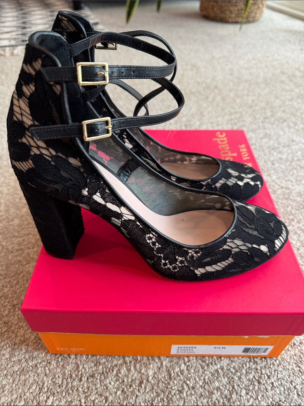 kate spade Black Lace Double-Strap Block Heel Pumps